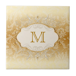 Azulejo De Cerâmica Monograma Pérola de Marfim e Ouro