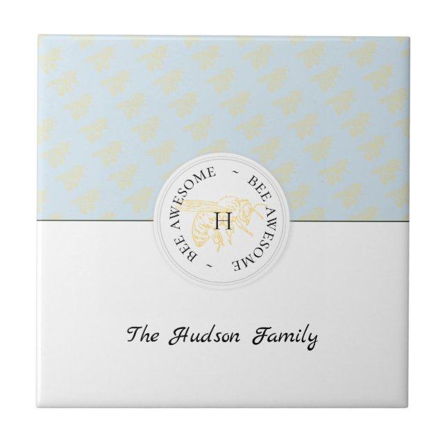 Azulejo De Cerâmica Monograma Personalizado de Abelhas Ouro Incrível (Frente)