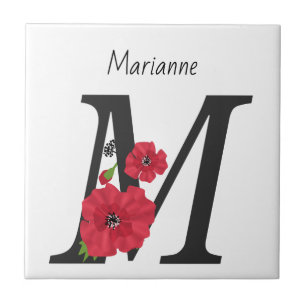 Azulejo De Cerâmica Monograma personalizado editável em M, flor verme