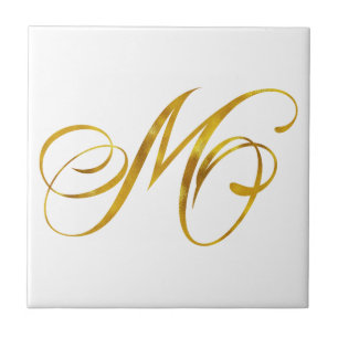 Azulejo De Cerâmica Monograma Personalizado M Faux Gold Foil Monograma
