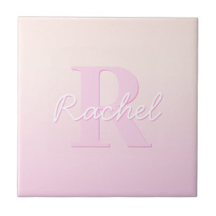 Azulejo De Cerâmica Monograma Personalizável Fofo Ombre Rosa e Bege