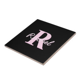 Azulejo De Cerâmica Monograma Personalizável Fofo | Rosa Claro e Preto