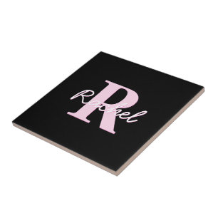 Azulejo De Cerâmica Monograma Personalizável Fofo   Rosa Claro e Preto