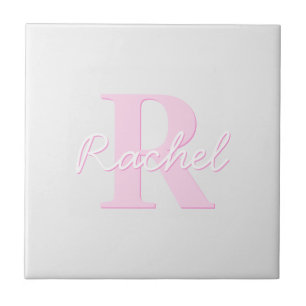 Azulejo De Cerâmica Monograma Personalizável Fofo Rosa Ombre e Cinza