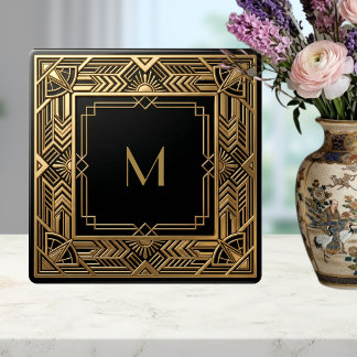 Azulejo De Cerâmica Monograma Preto de Luxo Art Déco em Ouro Personali
