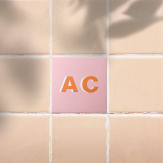 Azulejo De Cerâmica Monograma Retro-Laranja e Rosa Personalizado