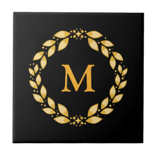 Azulejo De Cerâmica Monograma romano com folhas dourado ornamentado da