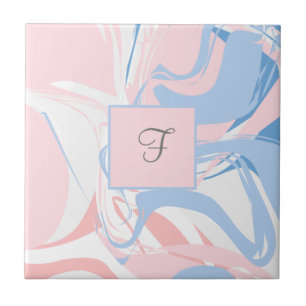 Azulejo De Cerâmica Monograma Rosa Branco Azul Mármore Espiral Abstrat