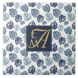 Azulejo De Cerâmica Monograma Tropical Palma Azul Marinho Dourado Casa