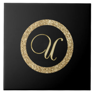 Azulejo De Cerâmica Monograma U, dourado sobre preto meia-noite,