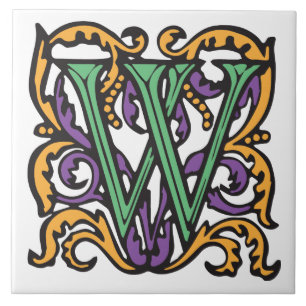 Azulejo De Cerâmica Monograma verde medieval elegante de W da letra