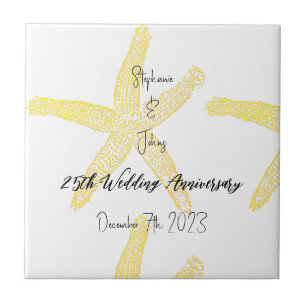 Azulejo De Cerâmica Monogramas de 25 de Casamento de Starfish Amarelo