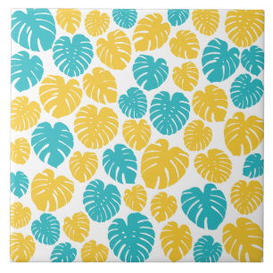Azulejo De Cerâmica Monstera deixa em turquesa, amarelo e branco