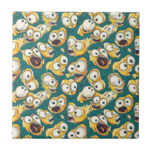 Azulejo De Cerâmica Monstro Amarelo Louco Teal Halloween