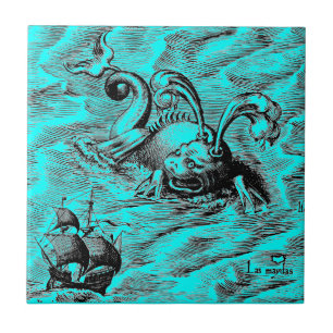 Azulejo De Cerâmica Monstro de mar e navio de navigação árticos