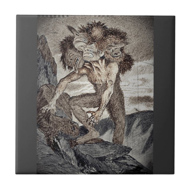 Azulejo De Cerâmica Monstro de três cabeças (Frente)