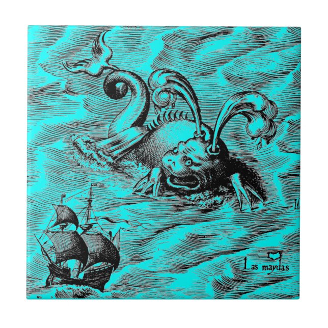 Azulejo De Cerâmica Monstro do Mar Árctico e Navio de Navegação (Frente)