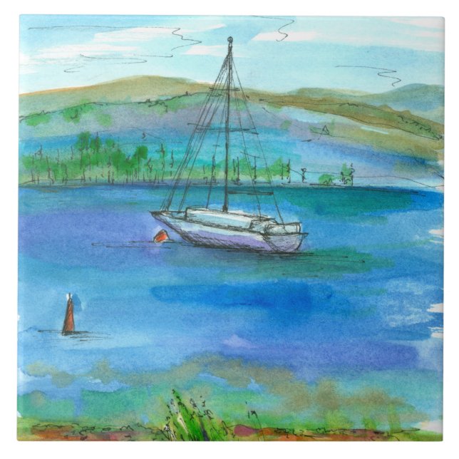 Azulejo De Cerâmica Montanha Lago Sailboat Watercolor Painting (Frente)