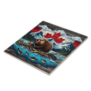 Azulejo De Cerâmica Montanha Snowy, castor, Orgulho Canadiano