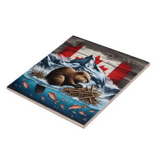 Azulejo De Cerâmica Montanha Snowy, Oceano, castor canadiano