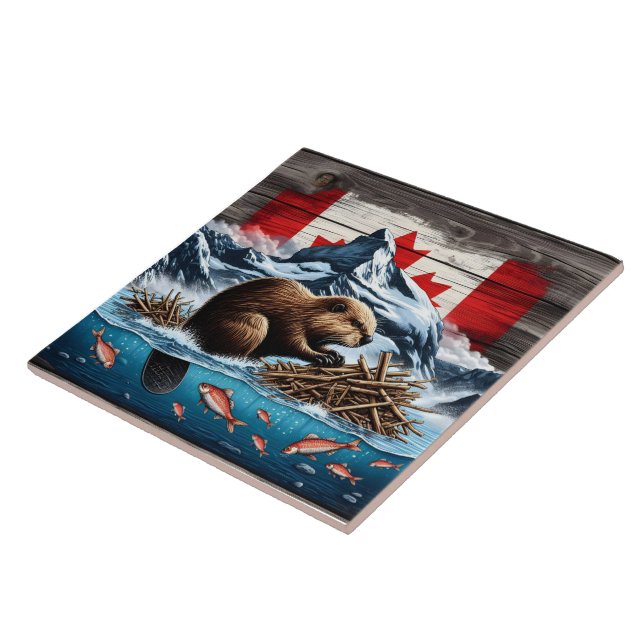 Azulejo De Cerâmica Montanha Snowy, Oceano, castor canadiano (Lateral)