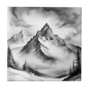 Azulejo De Cerâmica Montanhas cobertas de neve em preto e branco aquar