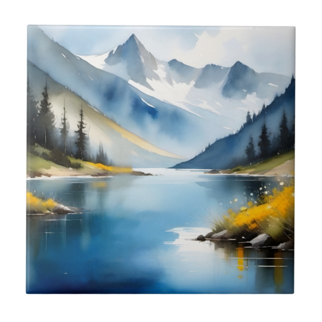Azulejo De Cerâmica Montanhas com capa de neve e um lago (Frente)