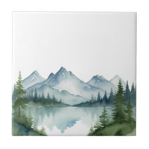 Azulejo De Cerâmica Montanhas de Aquarela e Natureza de Pinheiros Verd
