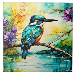 Azulejo De Cerâmica Montanhas de Kingfisher, Água e Flores Selvagens