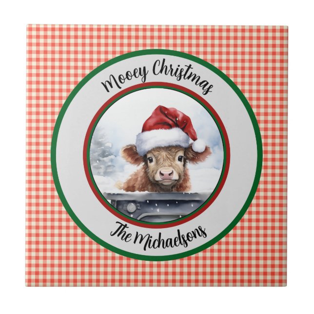 Azulejo De Cerâmica Mooey Christmas Funny Highland Cow Red Gingham  (Frente)