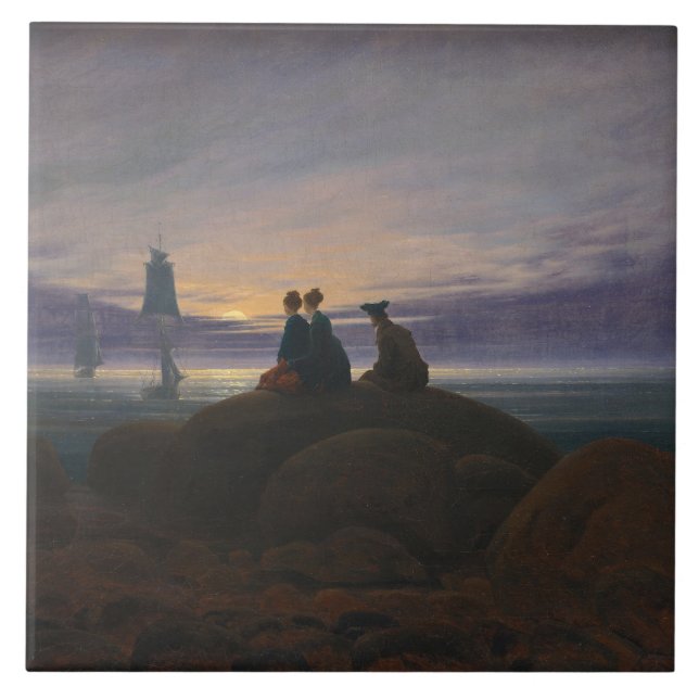 Azulejo De Cerâmica Moonrise pelo mar (por Caspar David Friedrich) (Frente)