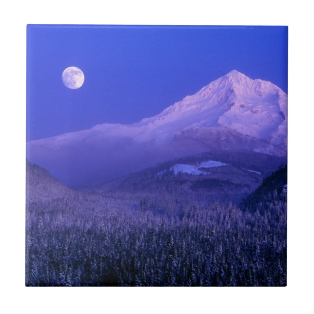 Azulejo De Cerâmica Moonrise sobre Mt Hood Winter, Oregon (Frente)