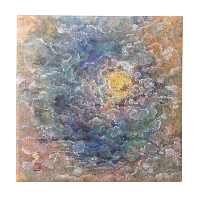 Azulejo De Cerâmica Moon's Journey Through Ethereal Clouds (Frente)