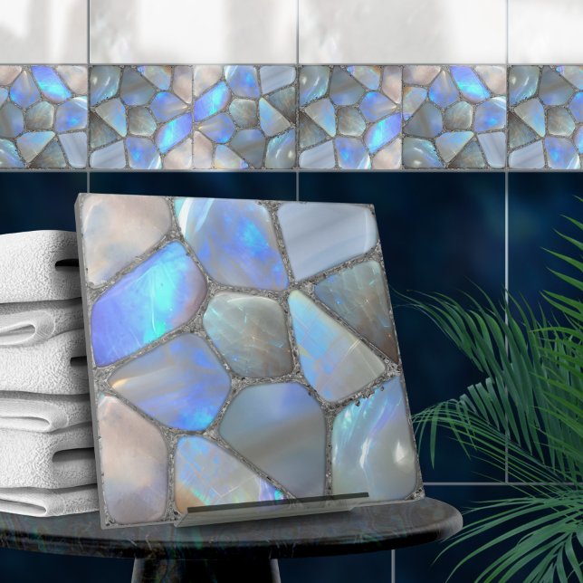 Azulejo De Cerâmica Moonstone Gem e prata- Mosaico Abstrato (Criador carregado)