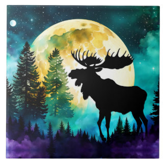 Azulejo De Cerâmica Moose na lua de Cheio da floresta