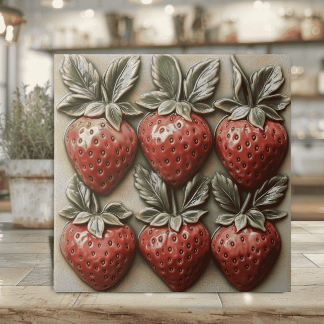 Azulejo De Cerâmica Morango Italiano Glacê em 3D Falso (Strawberry ceramic tile with faux 3D effect for Italian and country kitchen decor cottaage core)