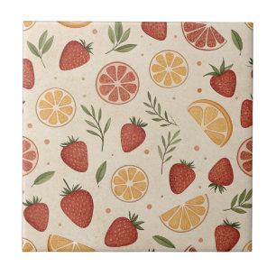 Azulejo De Cerâmica Morango Silvestre & Raminhos de Citrino em Creme R