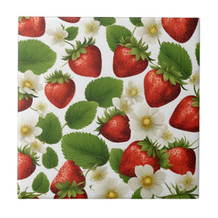 Azulejo De Cerâmica Morangos Vibrantes, Folhas e Flores