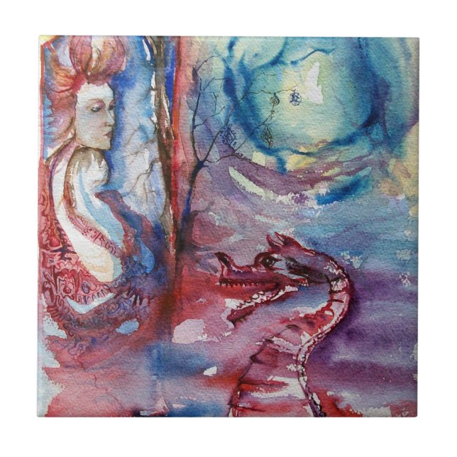 Azulejo De Cerâmica MORGANA / Magia e Mistério, Fantasia Azul Rosa (Frente)