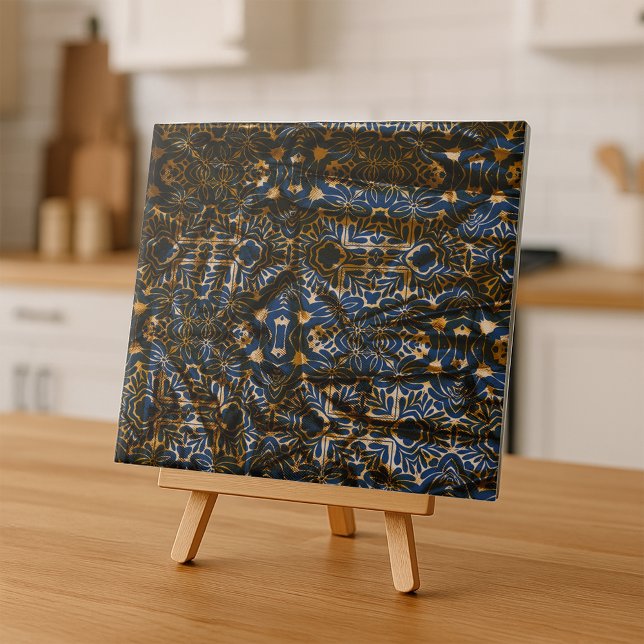 Azulejo De Cerâmica Moroccan Indigo and Gold Mandala Pattern Accent (Criador carregado)