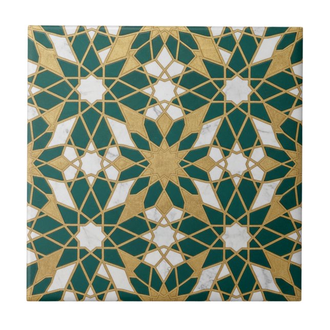 Azulejo De Cerâmica Moroccan Islamic Teal Gold Geometric Seamless Patt (Frente)