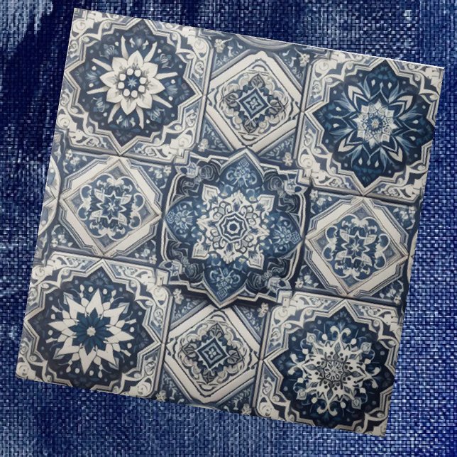 Azulejo De Cerâmica Moroccan Mediterranean Blue & White Tile Pattern (Criador carregado)