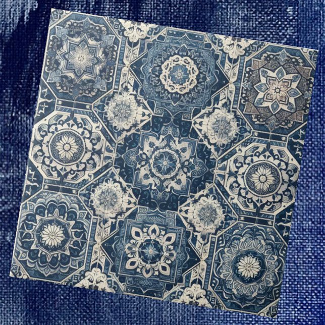 Azulejo De Cerâmica Moroccan Mediterranean Blue & White Tile Pattern (Criador carregado)