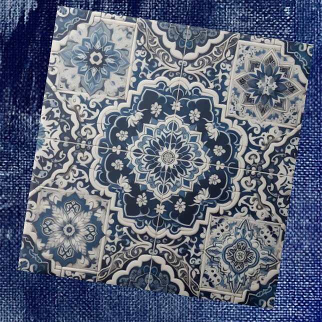 Azulejo De Cerâmica Moroccan Mediterranean Blue & White Tile Pattern (Criador carregado)