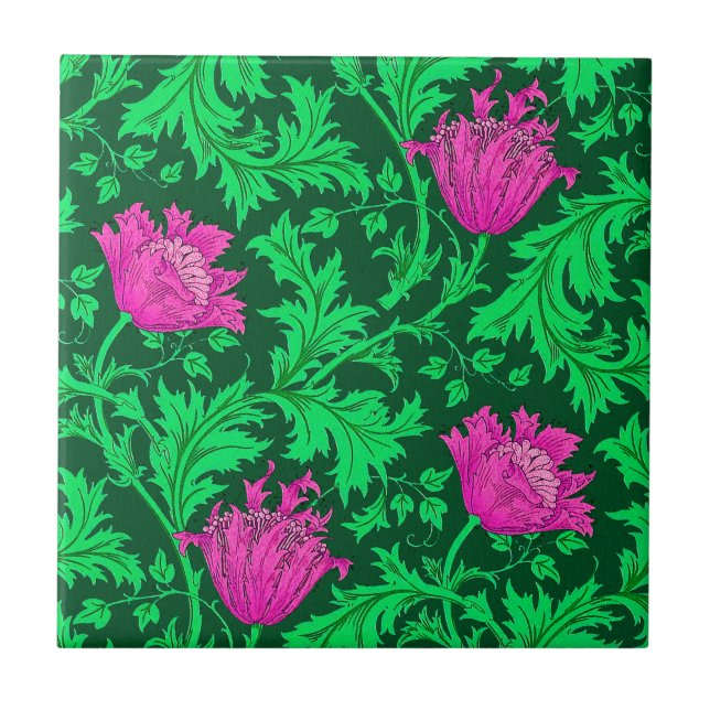 Azulejo De Cerâmica Morris Anemone Pattern, Emerald Green e Fuchsia (Frente)