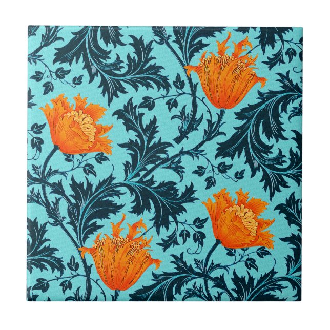 Azulejo De Cerâmica Morris Anemone Pattern, Indigo Blue e Coral (Frente)