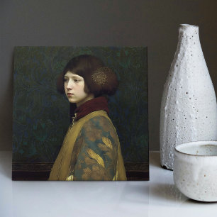 Azulejo De Cerâmica Morris Dourada Arte Verde Nouveau Retrato Lily