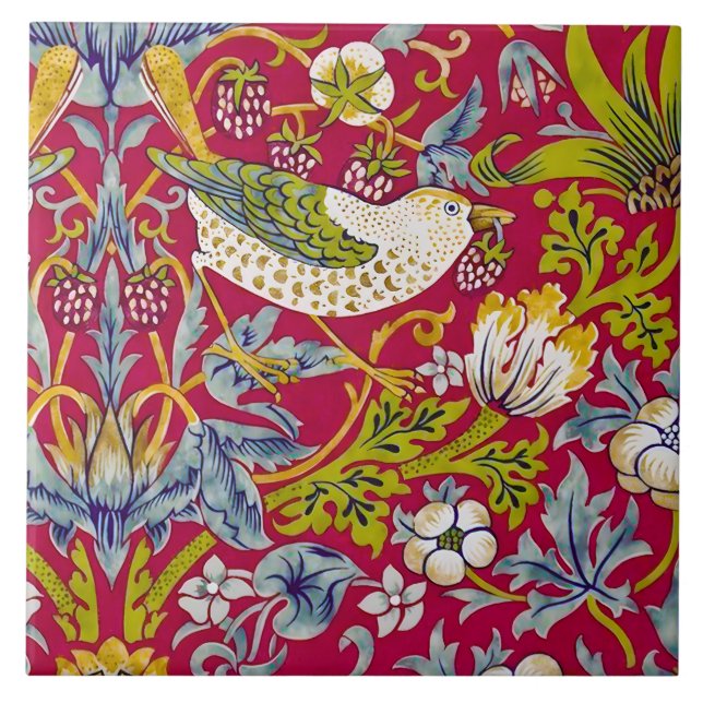 Azulejo De Cerâmica Morris Red Background Strawberry Thief Patterno (Frente)