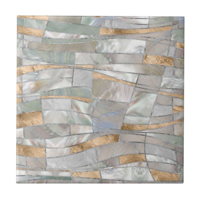 Azulejo De Cerâmica Mosaic Waves Art - Pearl and Pastel Gold (Frente)
