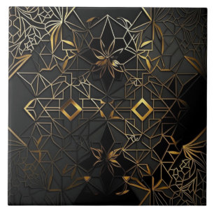 Azulejo De Cerâmica Mosaico Abstrato Preto e Dourado Elegante